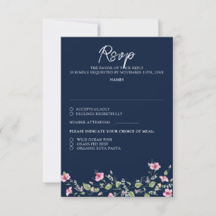 Cartão RSVP Dusty Navy Azul Rosa Hibisco Flor de Casamento Chá