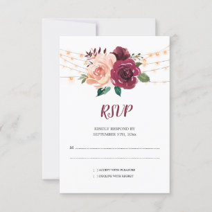 Cartão RSVP Dusty Pink Burgundy Rosa Luzes Floral Casamento
