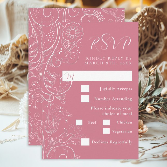 Cartão RSVP Dusty Pink Elegant Floral Wedding Escolha (Criador carregado)