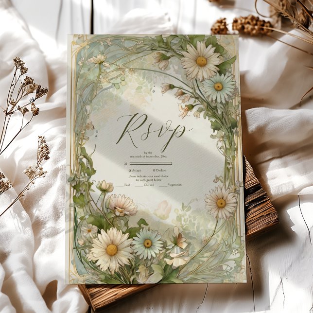 Cartão RSVP Dusty Pink Marguerite Daisy Wedding Art Nouveau (Criador carregado)