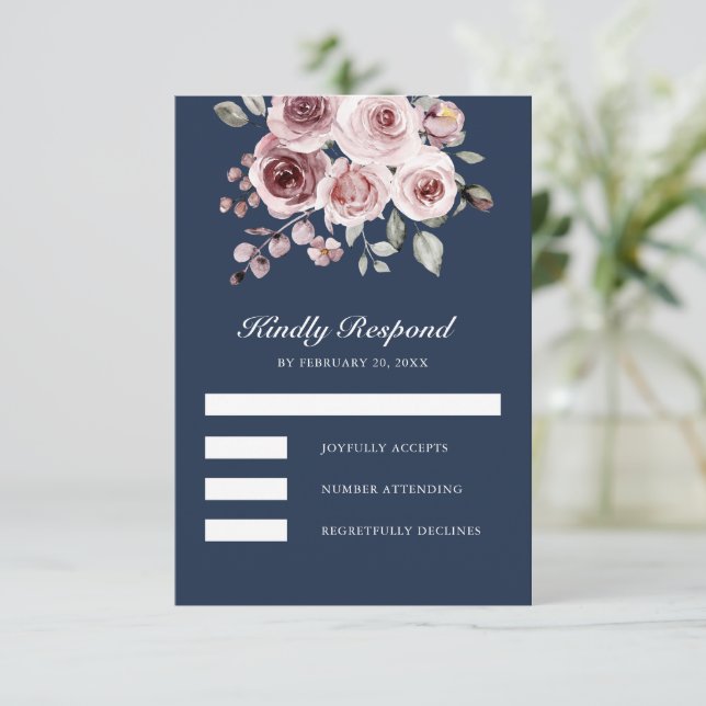 Cartão RSVP Dusty Pink Roses Navy Blue Wedding (Em pé/Frente)
