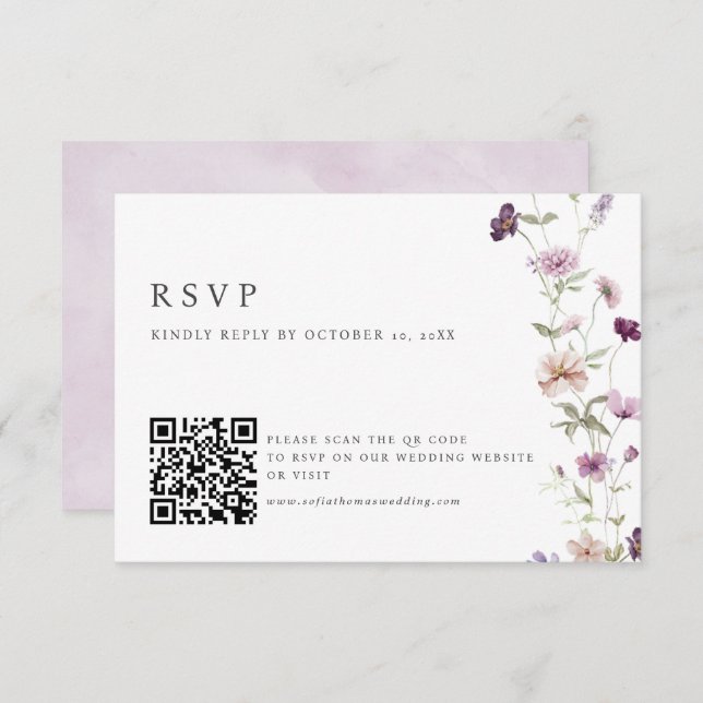 Cartão RSVP Dusty Purple Lavanda Wildflower Casamento Código Q (Frente/Verso)