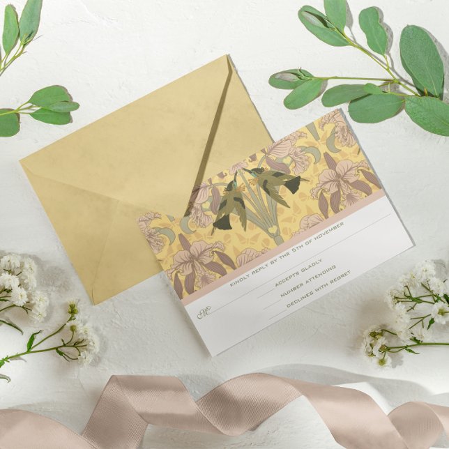 Cartão RSVP Dusty Rosa Art Deco Hummingbird Casamento (Criador carregado)