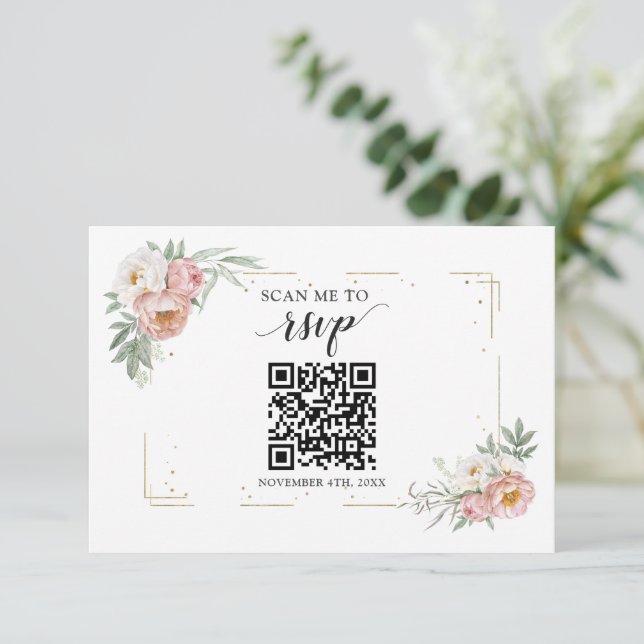 Cartão RSVP Dusty Rosa Floral Código QR Adicionar seu URL Casa (Em pé/Frente)