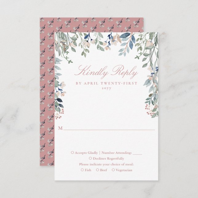 Cartão RSVP Dusty Rosa Greenery Floral Wildflower Casamento (Frente/Verso)
