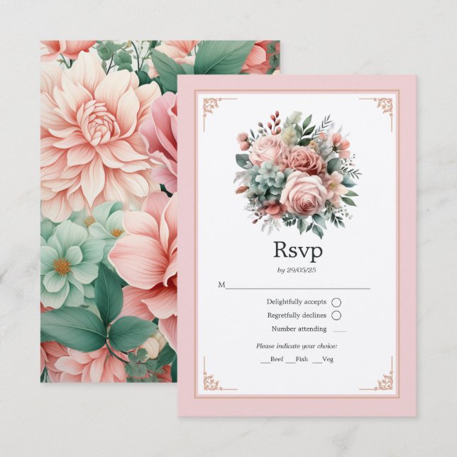 Cartão RSVP Dusty Rosa, Mint Green e Blush Floral Wedding (Frente/Verso)