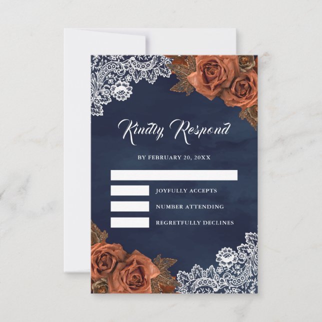 Cartão RSVP Earthy Dusty Terracotta Rose Navy Blue Wedding (Frente)
