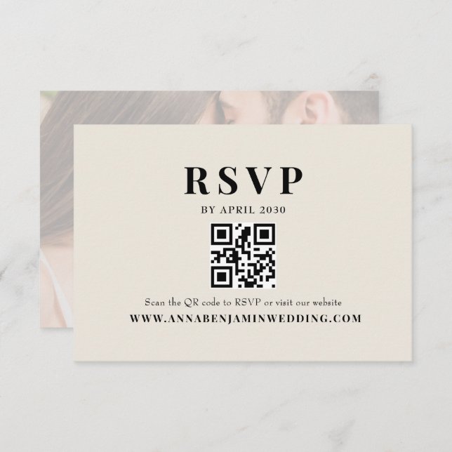 Cartão RSVP Editorial Ivory Photo QR Code Wedding (Frente/Verso)