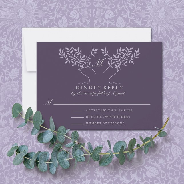 Cartão RSVP Eggplant Tree of Life Wedding (Criador carregado)