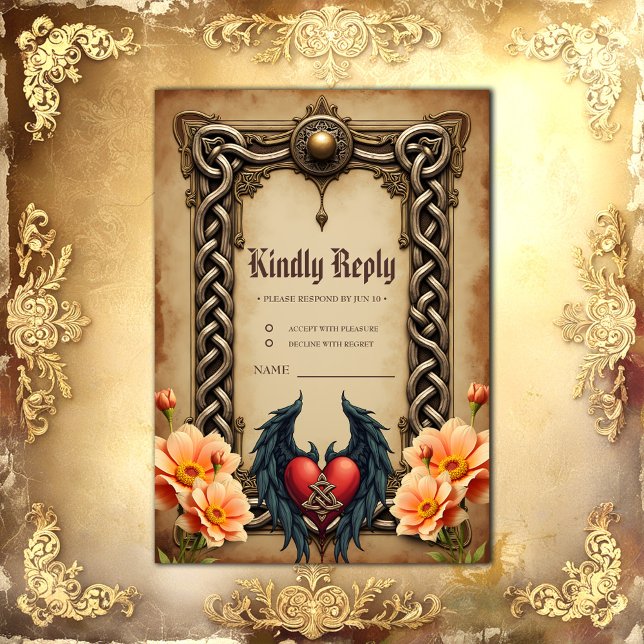 Cartão RSVP elegância celta com coração e asas. (Criador carregado)