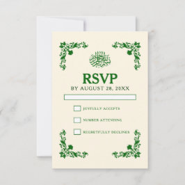 Cartão RSVP Elegância Clássica Marfim e Floral Esmeralda Casam