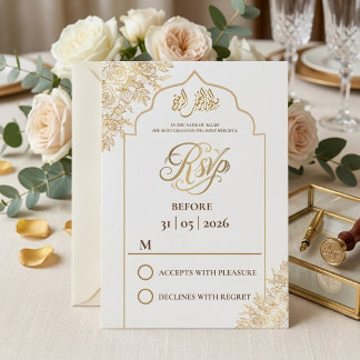 Cartão RSVP Elegância da Mesquita Floral Dourada Casamento Muç