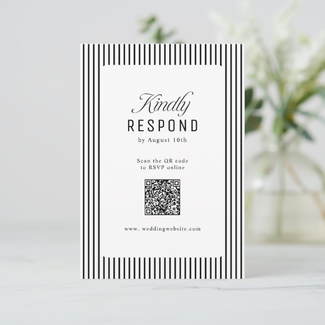 Cartão RSVP Elegância de Listras Pretas Código QR de Casamento (Em pé/Frente)