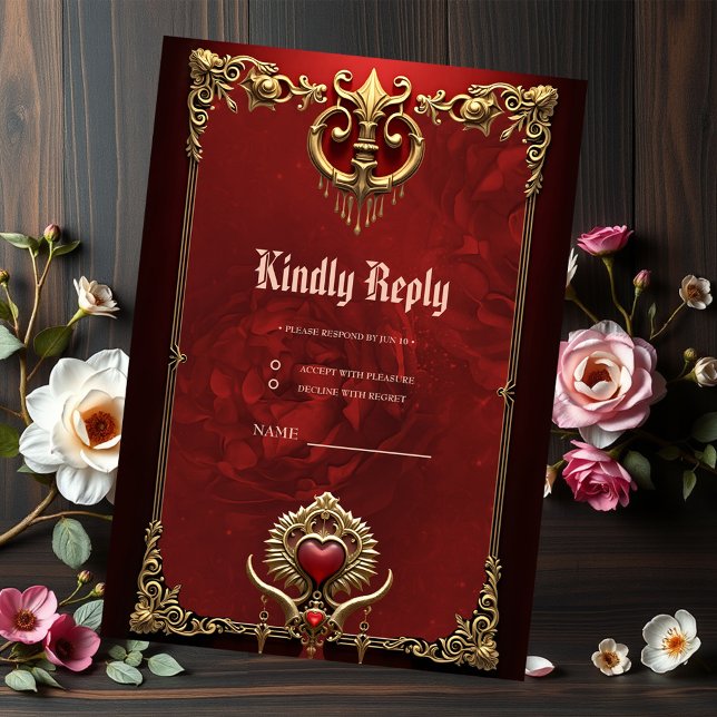 Cartão RSVP Elegância em brilho vermelho com um coração orname (Criador carregado)