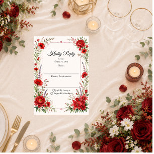 Cartão RSVP Elegância Floral Escarlate Romântica Casamento