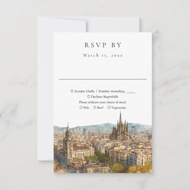 Cartão RSVP Elegant Barcelona Skyline Watercolor Wedding (Frente)