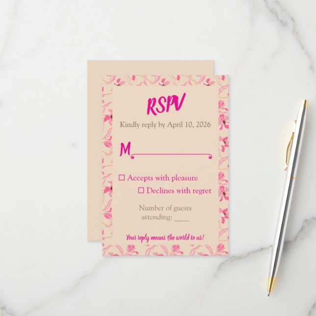 Cartão RSVP Elegant Beige & Blush Pink Floral Wedding  (Frente/Verso In Situ)
