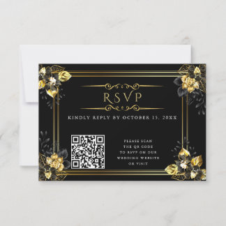 Cartão RSVP Elegant black and gold summer wedding