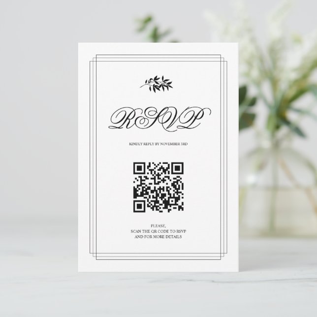 Cartão RSVP Elegant black and white branch and QR code wedding (Em pé/Frente)