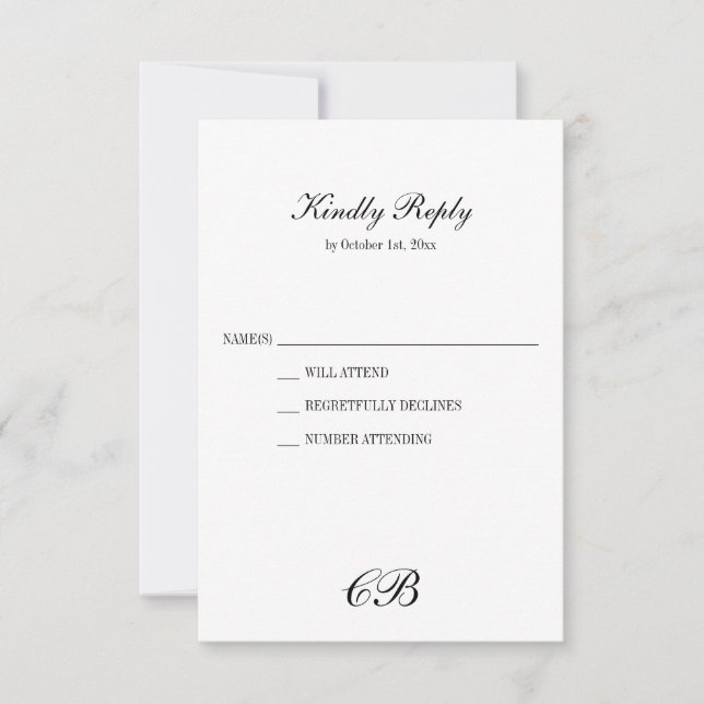 Cartão RSVP Elegant Black and White Script Monogram Wedding (Frente)