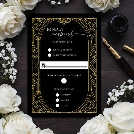Cartão RSVP Elegant Black Faux Gold Art Deco Response Card