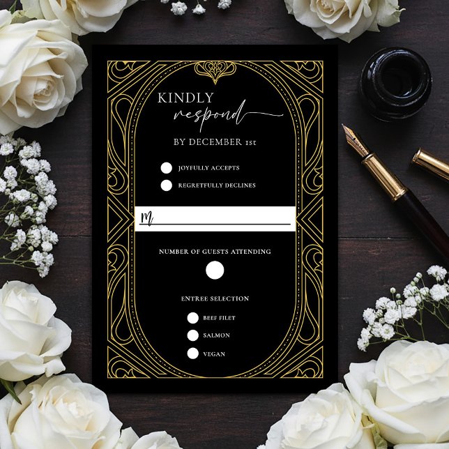Cartão RSVP Elegant Black Faux Gold Art Deco Response Card (Elegant Black Faux Gold Art Deco RSVP Response Card)