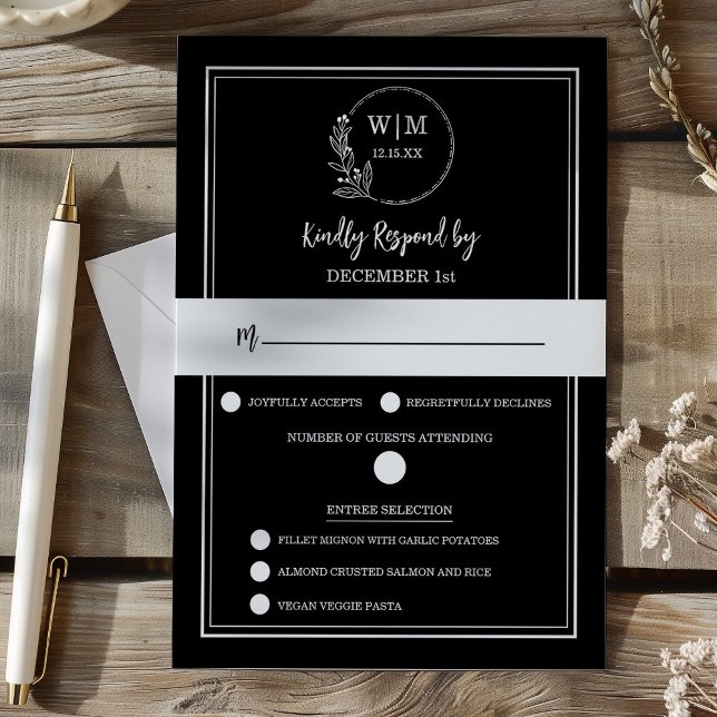 Cartão RSVP Elegant Black Floral Monogram Response Card (Elegant Black Floral Monogram RSVP Wedding Response Card)
