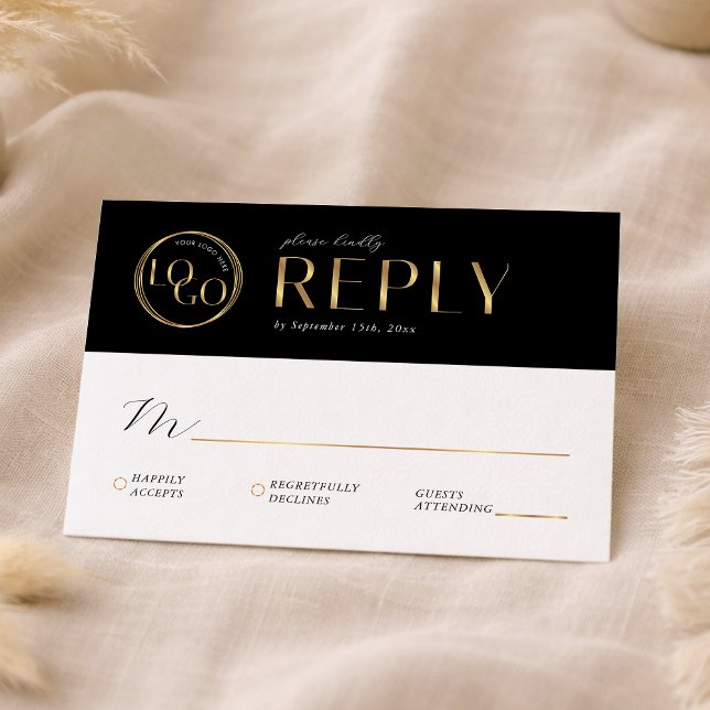 Cartão RSVP Elegant Black & Gold Company Logo Business Event (Criador carregado)