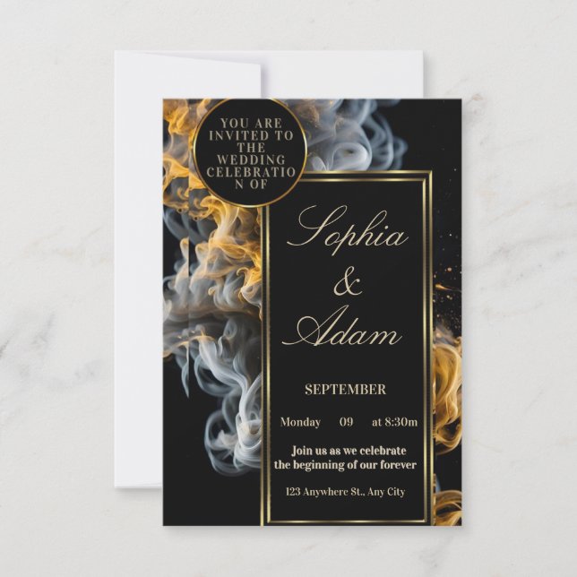 Cartão RSVP Elegant Black & Gold Wedding Invitation (Frente)