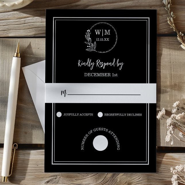 Cartão RSVP Elegant Black Line Drawing Monogram Wedding (Elegant Black Line Drawing Monogram Wedding RSVP Card)