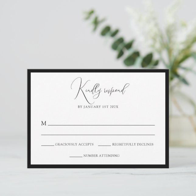 Cartão RSVP Elegant Black & White Monogram Bordered Wedding (Em pé/Frente)