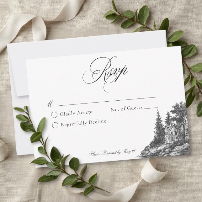 Cartão RSVP Elegant Black White Toile French Manor Wedding (Elegant Black White Toile French Manor Wedding RSVP Card)