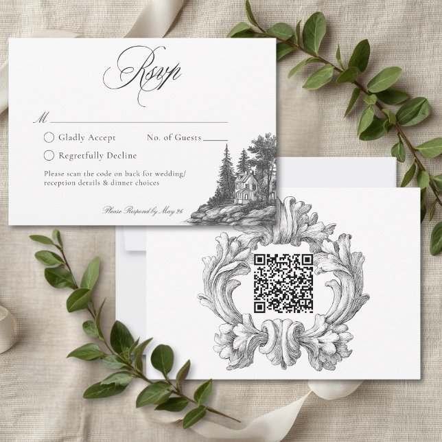 Cartão RSVP Elegant Black White Toile French Manor Wedding QR (Elegant Black White Toile French Manor Wedding QR RSVP Card)
