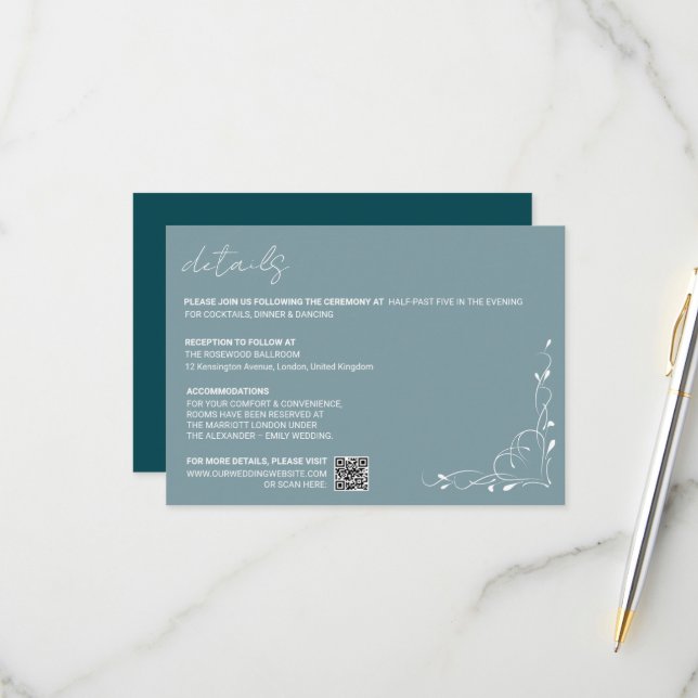 Cartão RSVP Elegant Blue Floral Wedding Details Card (Frente/Verso In Situ)