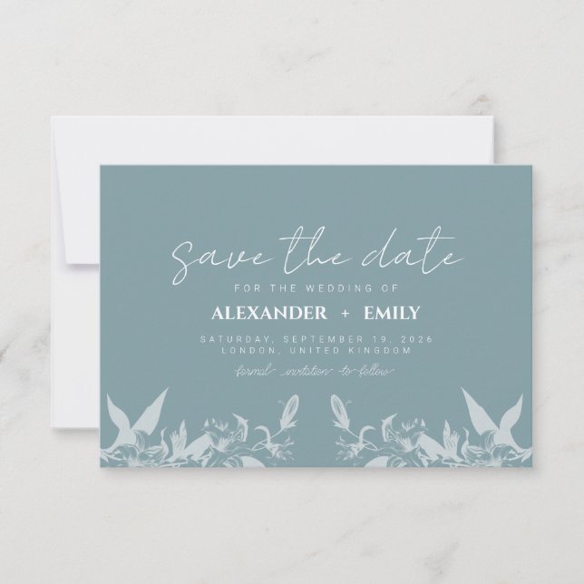 Cartão RSVP Elegant Blue Floral Wedding Save the Date Card (Frente)
