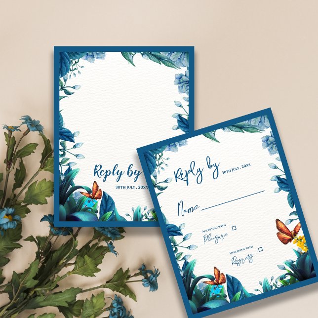 Cartão RSVP Elegant Blue Green Foliage Butterfly Wedding Reply (Elegant Blue Green Foliage Butterfly Wedding Reply RSVP Card)