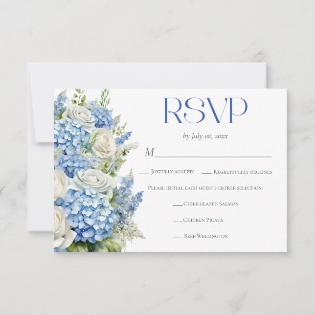Cartão RSVP Elegant Blue Hydrangea Floral Meal Choice Wedding (Frente)