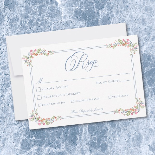 Cartão RSVP Elegant Blue Pastel Wildflower Border Wedding (Elegant Blue Pastel Wildflower Border Wedding RSVP Card)