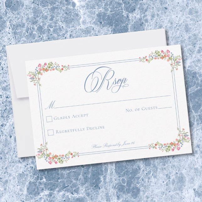 Cartão RSVP Elegant Blue Pastel Wildflower Border Wedding (Elegant Blue Pastel Wildflower Border Wedding RSVP Card)