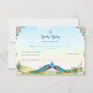 Cartão RSVP Elegant Blue Peacock Floral Indian Wedding Theme