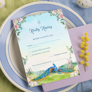 Cartão RSVP Elegant Blue Peacock Floral Wedding Theme