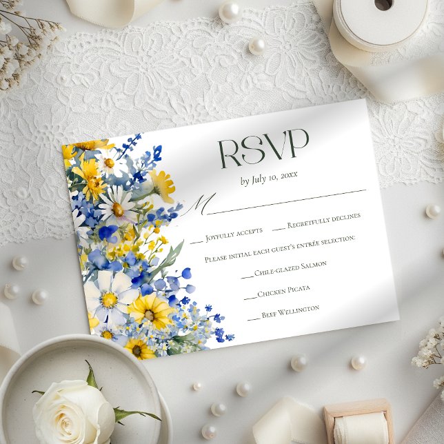 Cartão RSVP Elegant Blue Yellow Wildflower Wedding Meal Choice (Criador carregado)