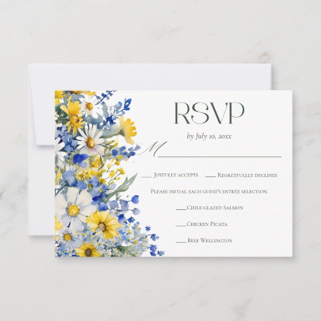 Cartão RSVP Elegant Blue Yellow Wildflower Wedding Meal Choice (Frente)
