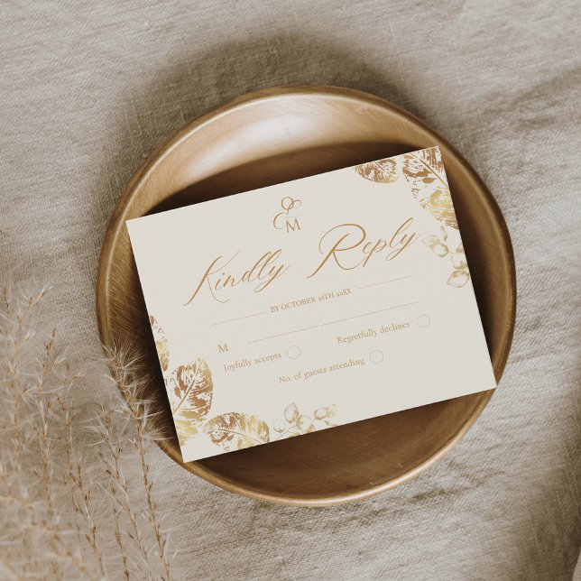 Cartão RSVP Elegant Boho | Dourado Casamento de outono (Criador carregado)
