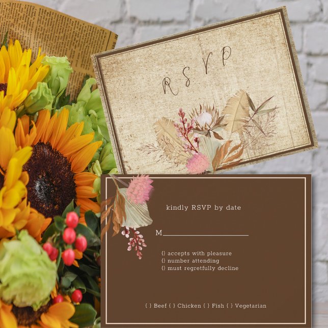 Cartão RSVP Elegant Boho, Rustic Cream & Brown Background  (Criador carregado)