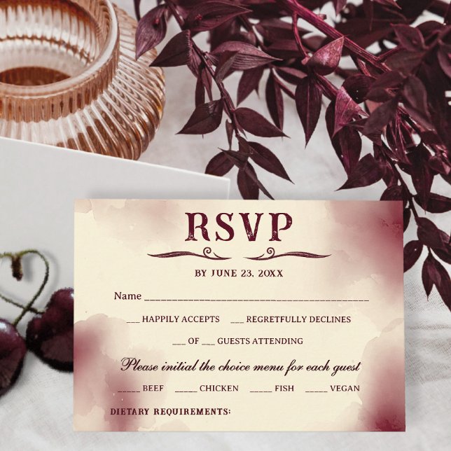 Cartão RSVP Elegant Burgundy Ivory Minimalist Retro Wedding (Criador carregado)