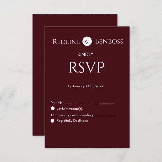 Cartão RSVP Elegant Burgundy Minimalist Wedding  (Frente/Verso)