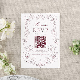 Cartão RSVP Elegant Burgundy Ornate Floral QR Code Wedding