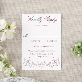 Cartão RSVP Elegant Burgundy Ornate Floral Wedding