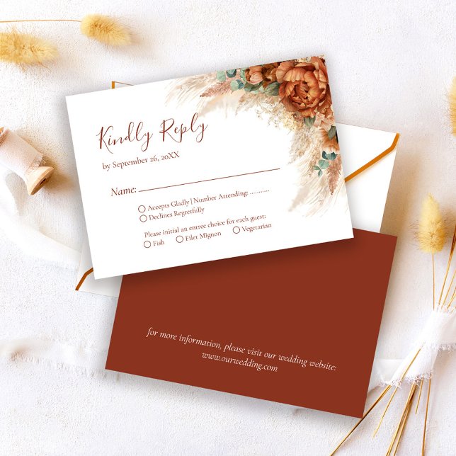 Cartão RSVP Elegant Calligraphy Romantic Floral Boho Wedding (Criador carregado)